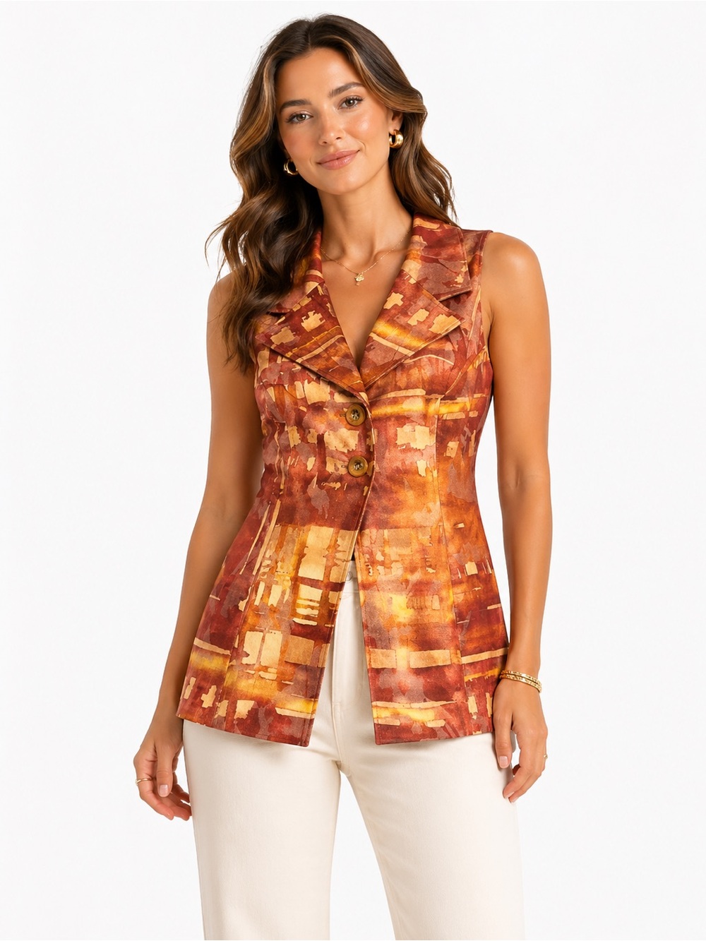 Vintage Linda Segal Size 8 Women's Orange and Brown Abstract Collar Vest